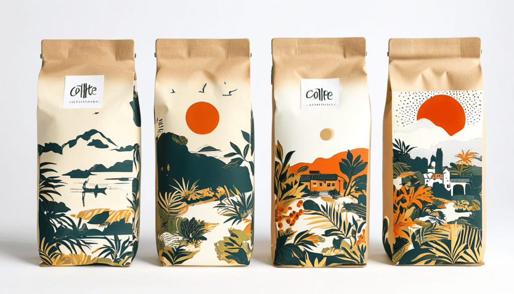 Four exquisitely designed coffee packaging bags.