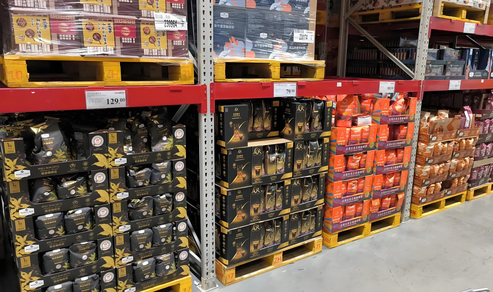 Pallets of packaged coffee products stored in a warehouse, illustrating how proper coffee packaging protects goods during e-commerce storage and shipping.