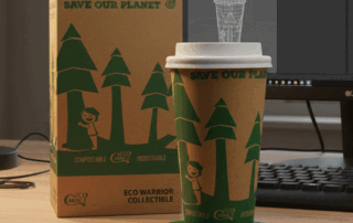 coffee cup packaging mockup on screen with printed eco cup