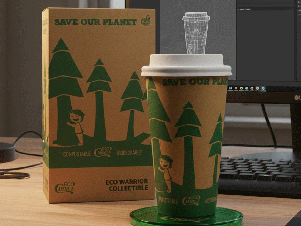 coffee cup packaging mockup on screen with printed eco cup