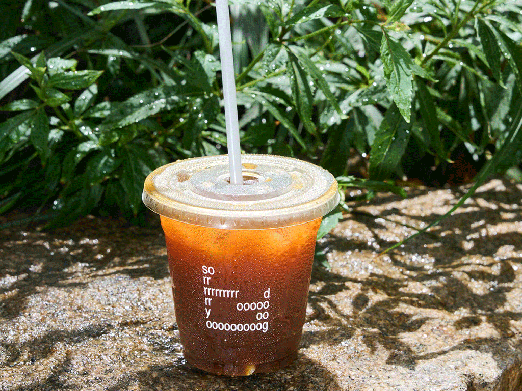 Disposable iced coffee cup – YamiPak Coffee PET cold drink cup – clear wall with condensation – outdoor garden setting on stone, side close-up