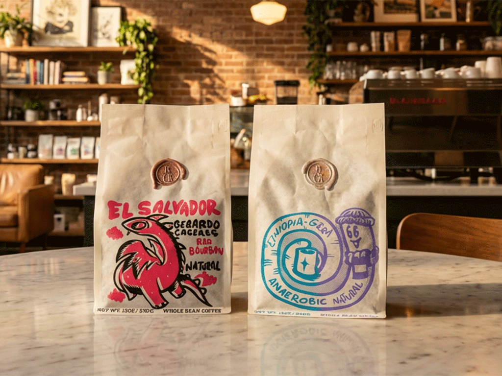 Custom compostable coffee bags showcasing branding and design options for coffee packaging