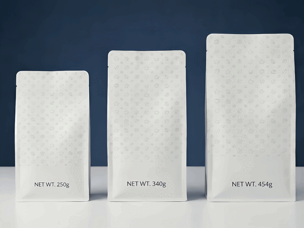 Different sizes of resealable coffee bags with NET WT labels showing 250g, 340g, and 454g.