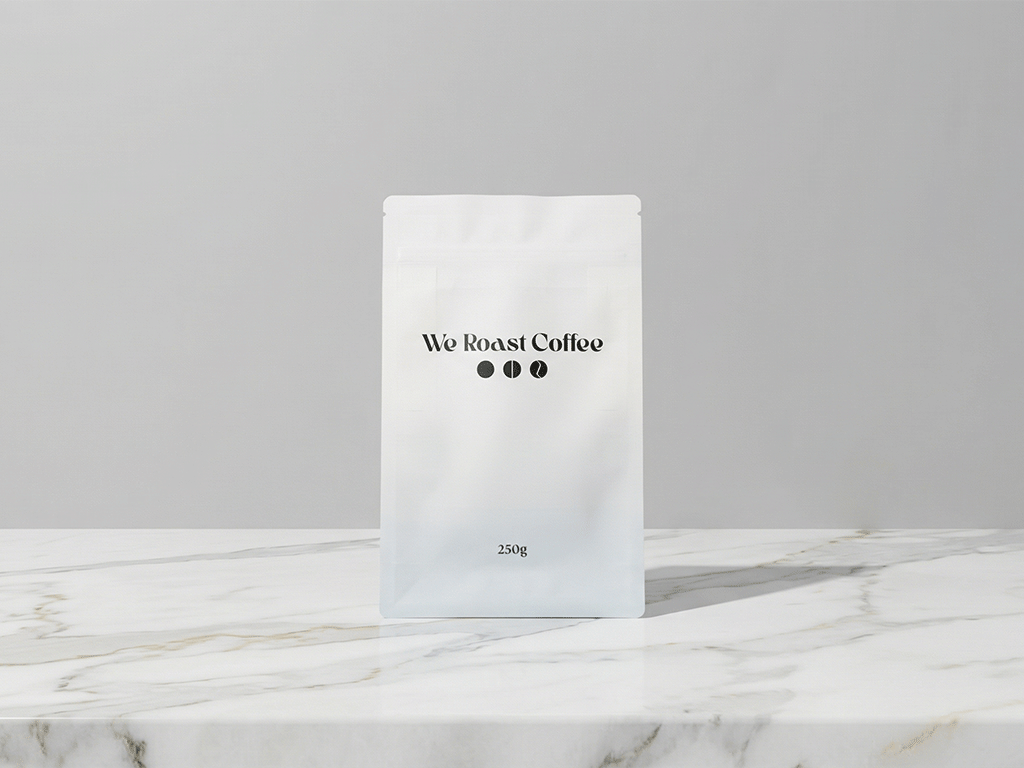 Simple white coffee bag with minimalistic branding and 250g weight.