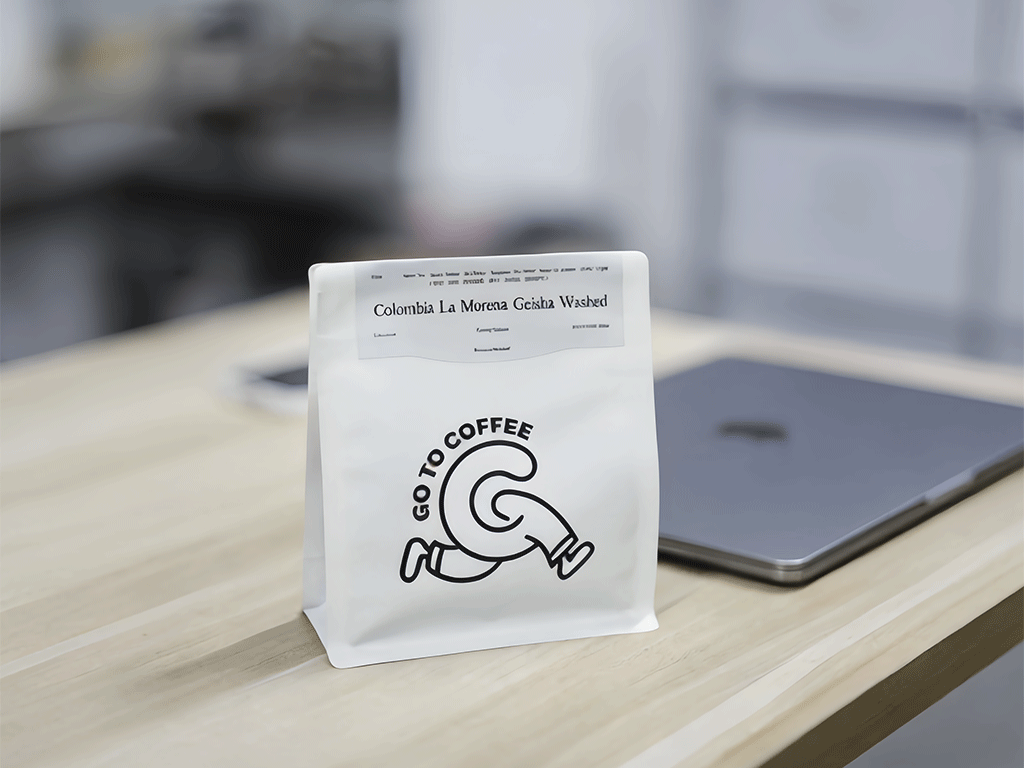 A coffee bag placed on a desk, featuring a simple design with text