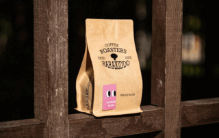 Kraft paper coffee bag with eco-friendly compostable packaging.