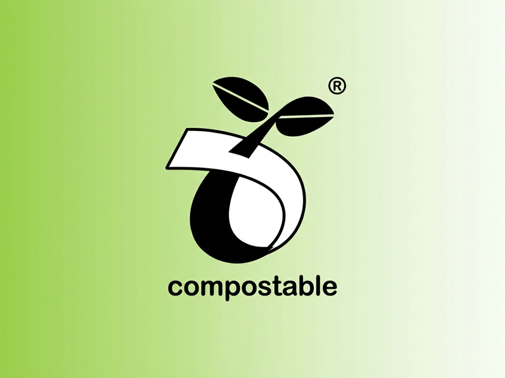 Compostable certification symbol representing eco-friendly packaging.