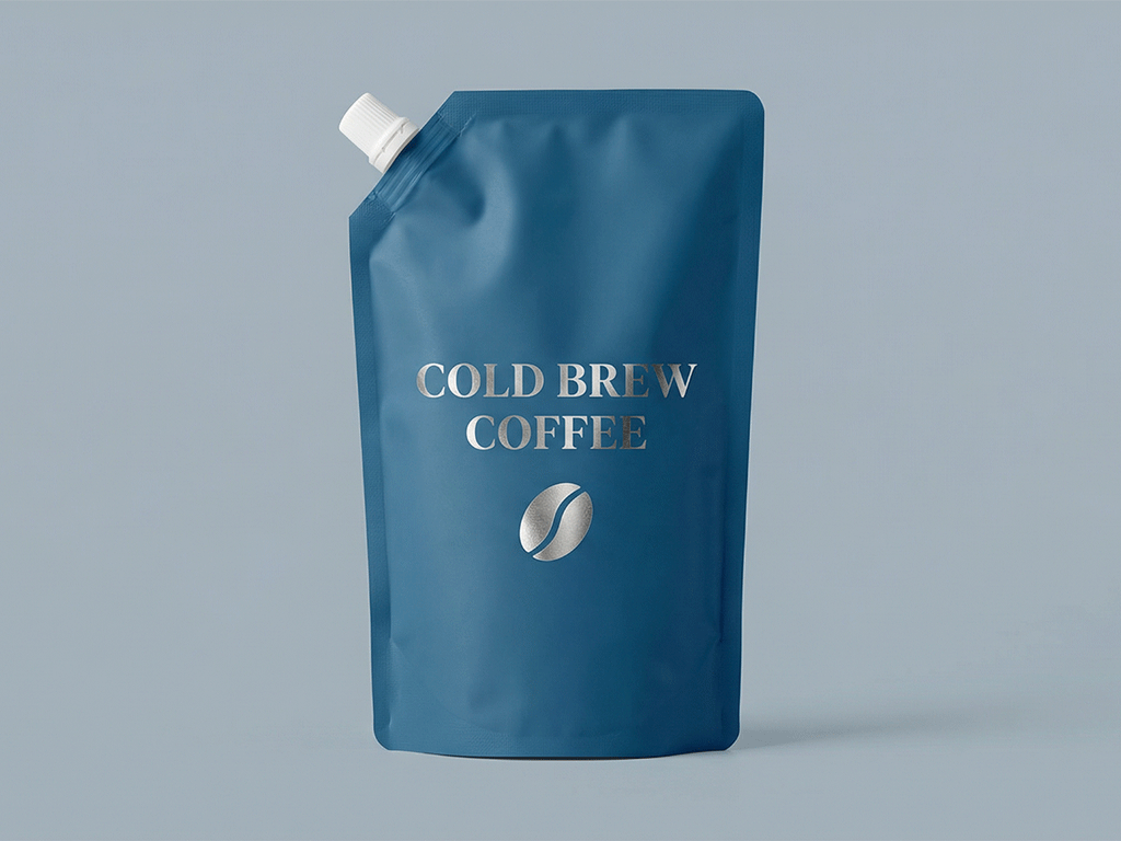 Cold brew coffee in a blue flexible pouch with a spout — reflecting cold brew coffee trends.