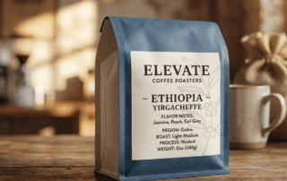 Custom coffee bag label on a blue coffee packaging bag featuring Ethiopia Yirgacheffe flavor notes