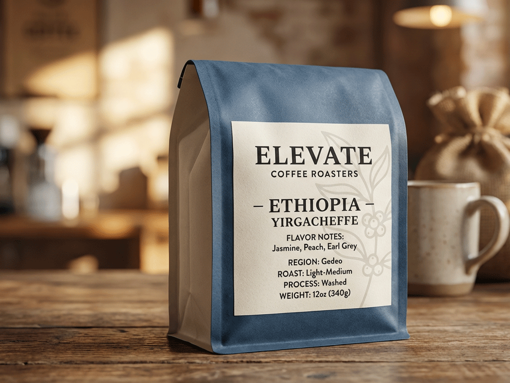 Custom_Coffee_Bag_Label_Essentials_1 Custom coffee bag label on a blue coffee packaging bag featuring Ethiopia Yirgacheffe flavor notes