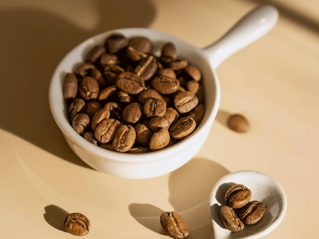 Roasted Colombian coffee beans in a white ceramic bowl with scattered beans on a light background