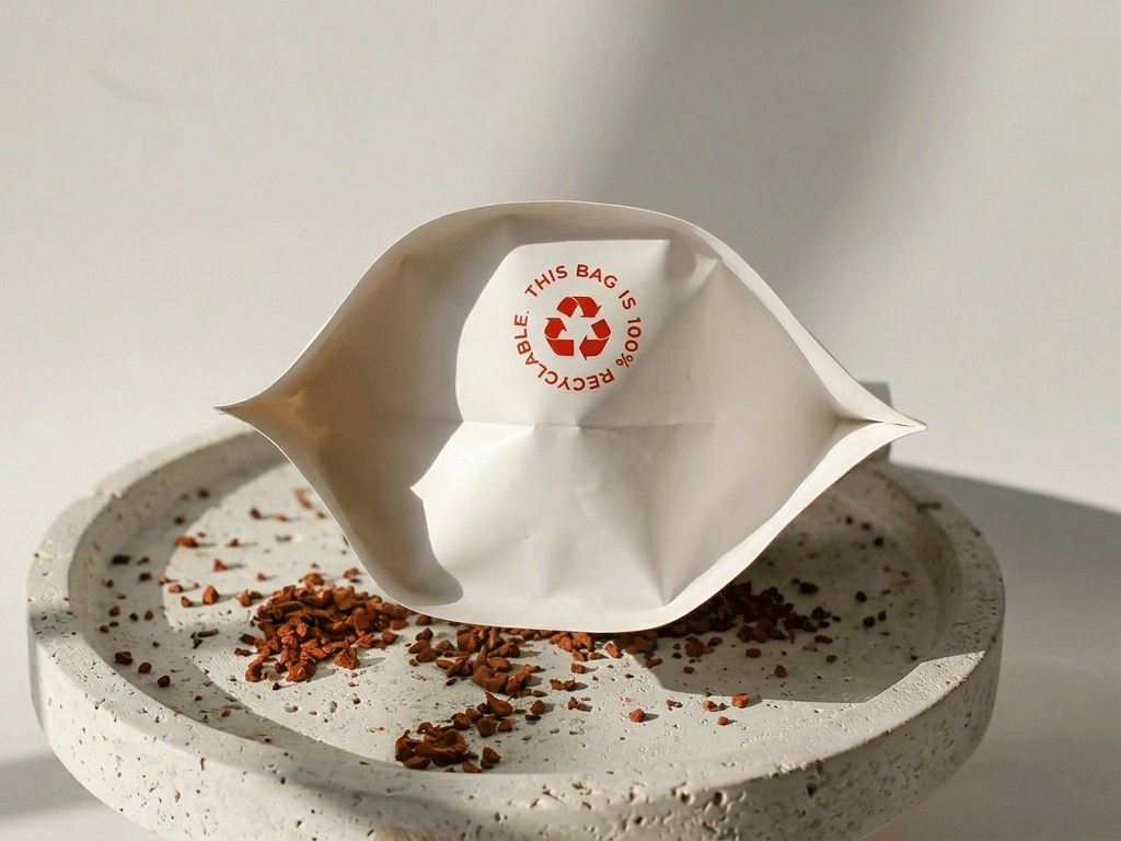100% recyclable coffee bag with printed recycling symbol