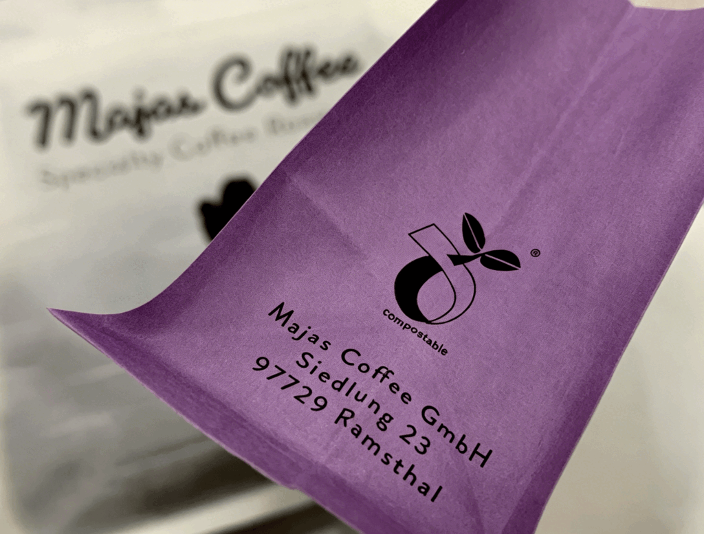 Compostable coffee bag used by Majas Coffee