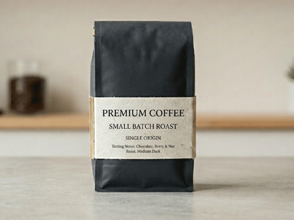 paper coffee bag sleeve on a black coffee bag with product information