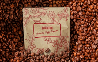Custom Coffee Bag Surrounded by Coffee Beans