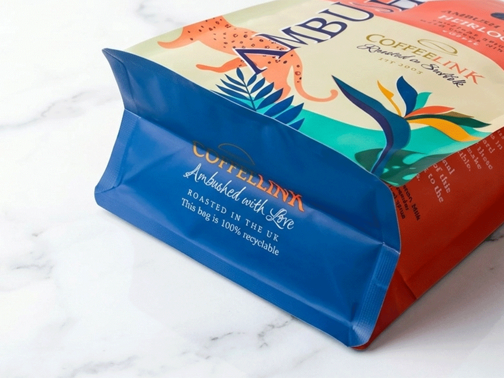 custom printed recyclable coffee bag with colourful artwork