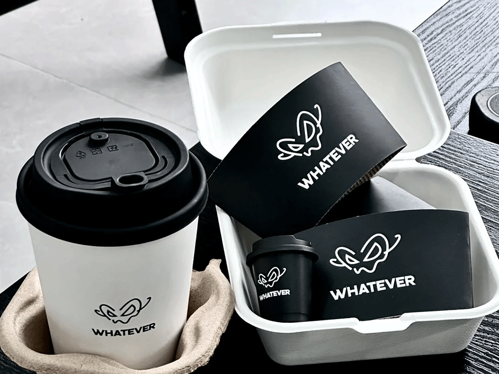 custom printed coffee packaging set with cups and paper food boxes