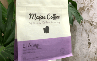 Coffee bag with white and purple design, made of rice paper, flat-bottom pouch