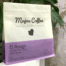Coffee bag with white and purple design, made of rice paper, flat-bottom pouch