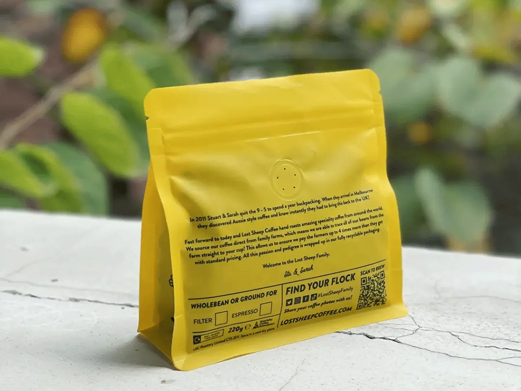 coffee packaging with QR code storage instructions and traceability details