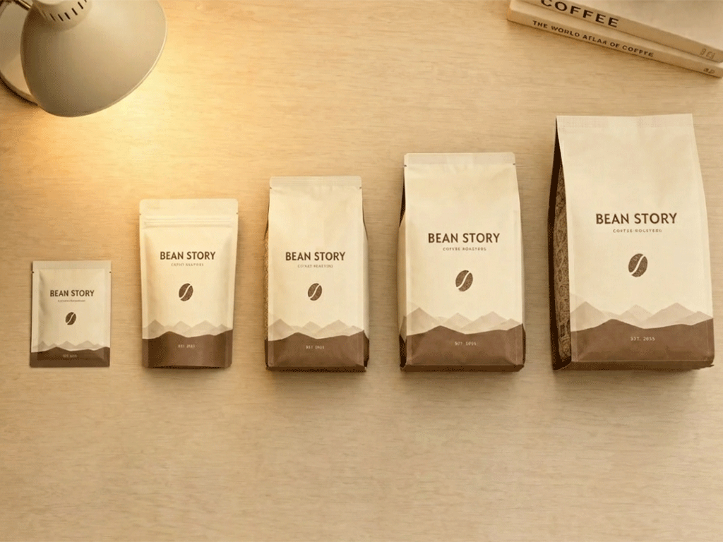Five coffee bags in different sizes arranged from smallest to largest on a wooden table