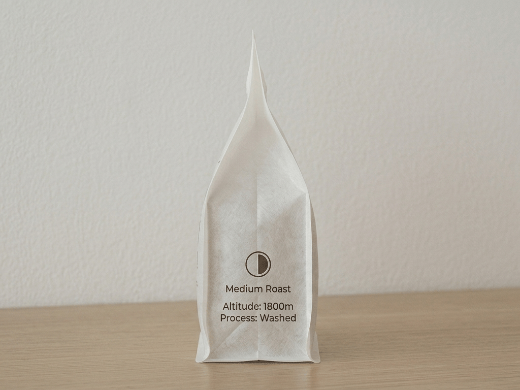 side view of a minimalist coffee packaging bag showing side panel