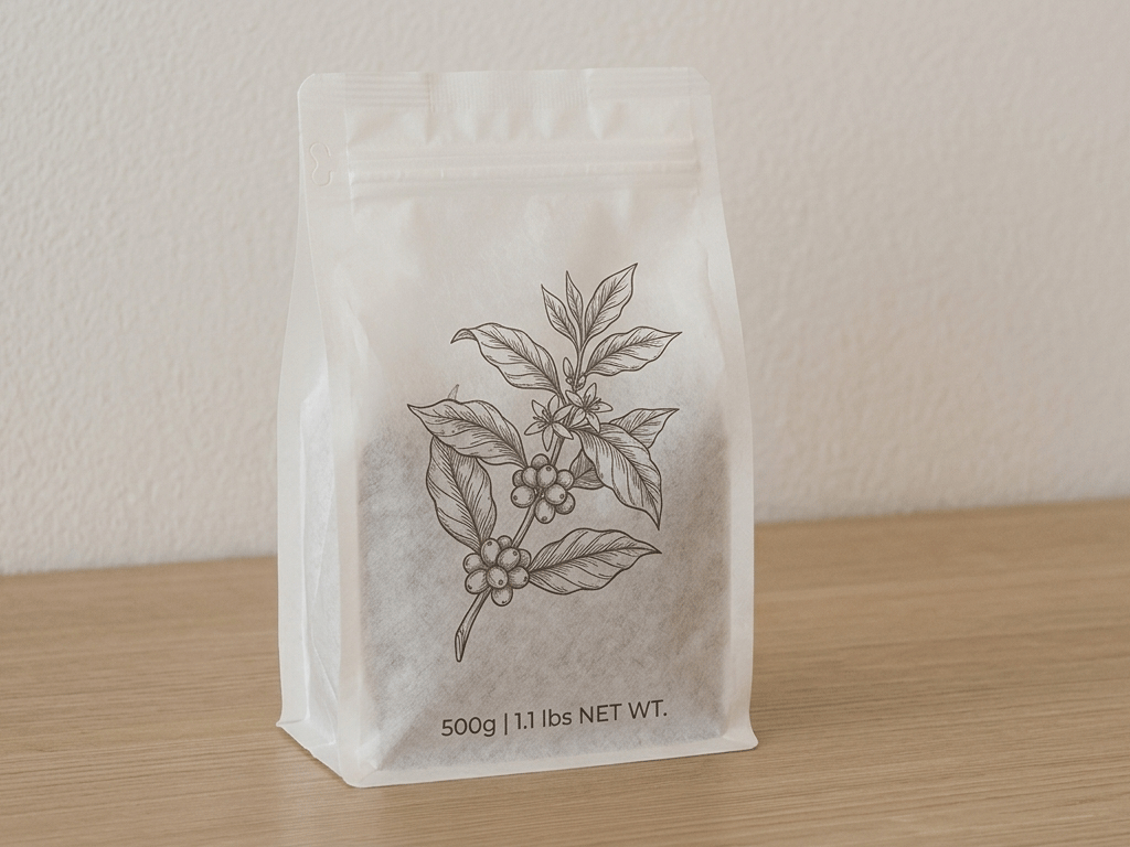 A 500g custom-printed rice paper coffee bag, front-facing, resting on a wooden table.