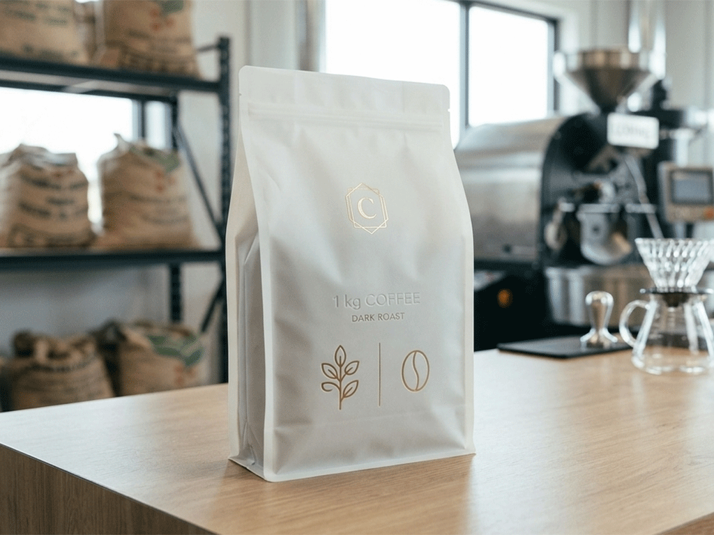 1kg coffee packaging bag displayed on a wooden table in a professional coffee roastery environment, featuring minimalist design and gold logo branding with roasting equipment in the background