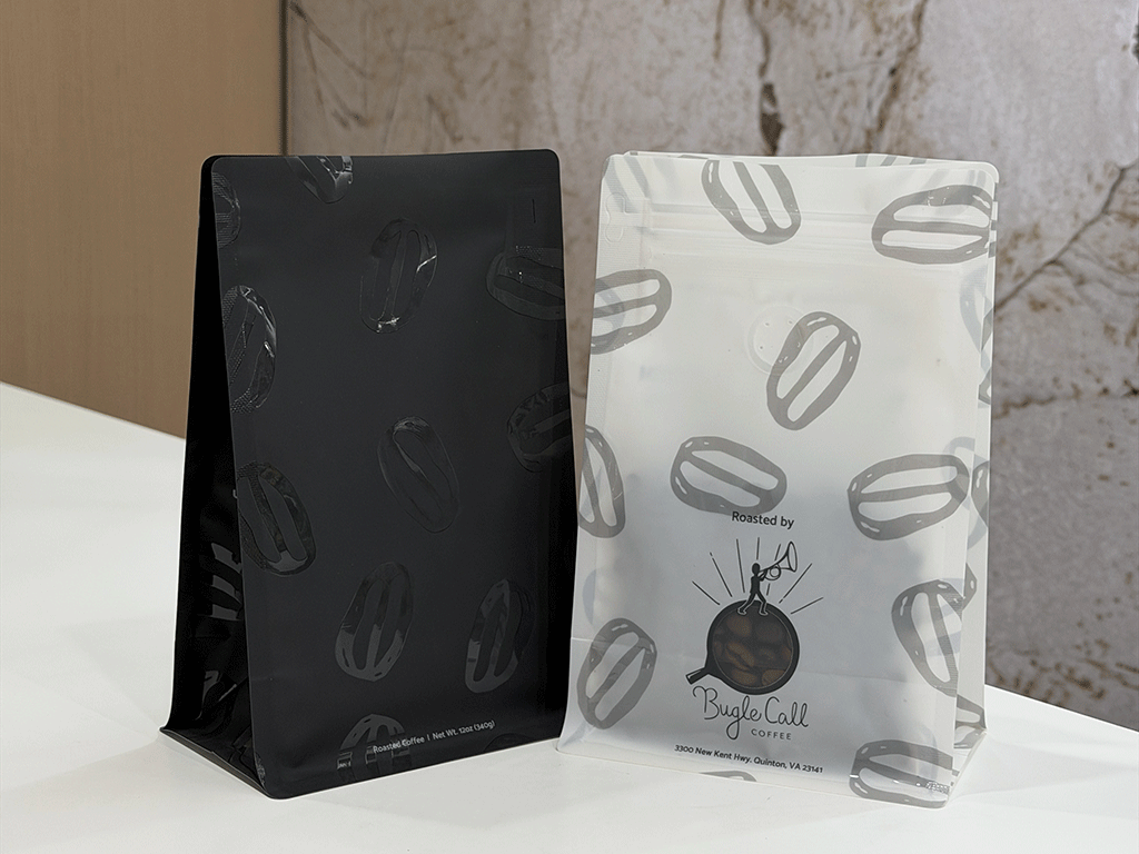 Why_is_spot_gloss_used_on_coffee_bags_1 Coffee packaging bags with matte and gloss contrast finish displayed side by side in studio lighting