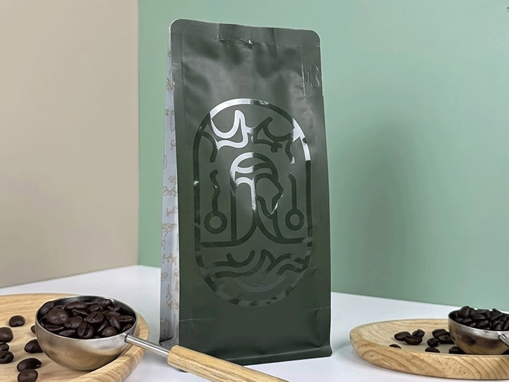 Coffee packaging with visible spot gloss areas reflecting light against matte surface to enhance visual contrast