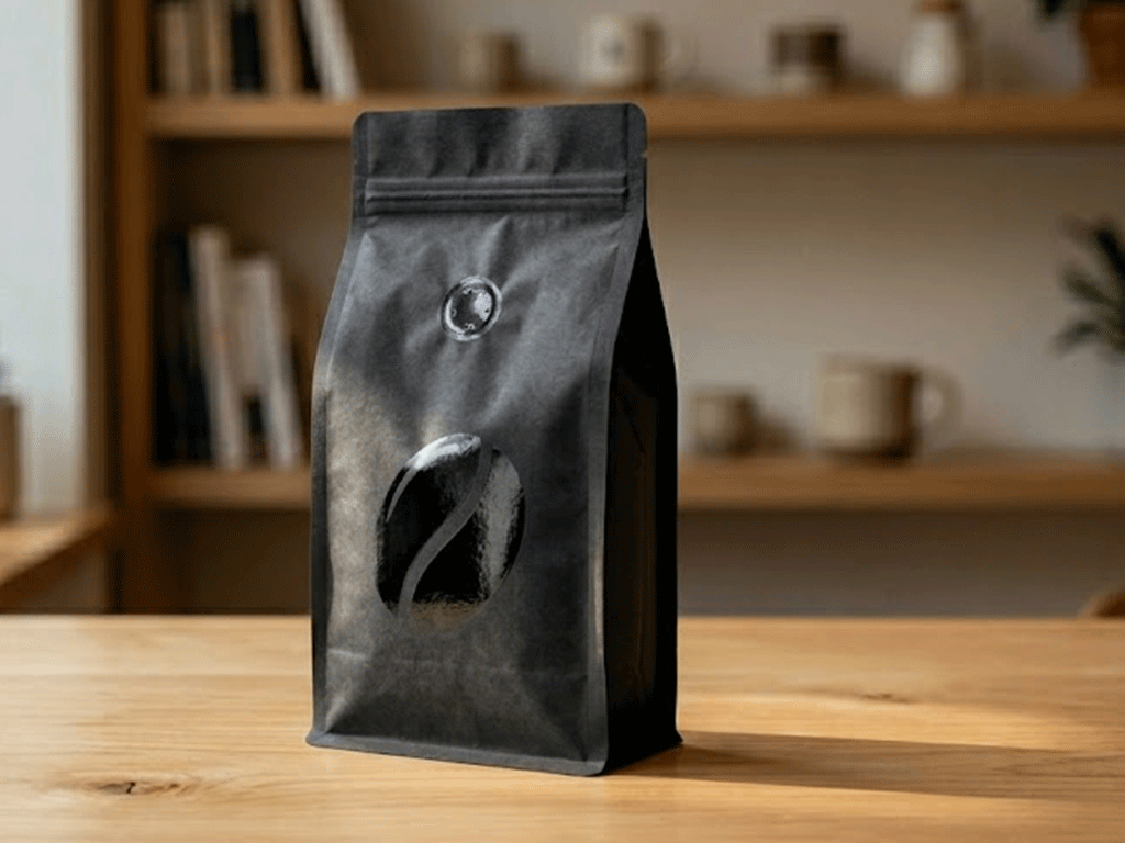 Close-up of coffee bag surface showing circular spot gloss application on matte packaging material