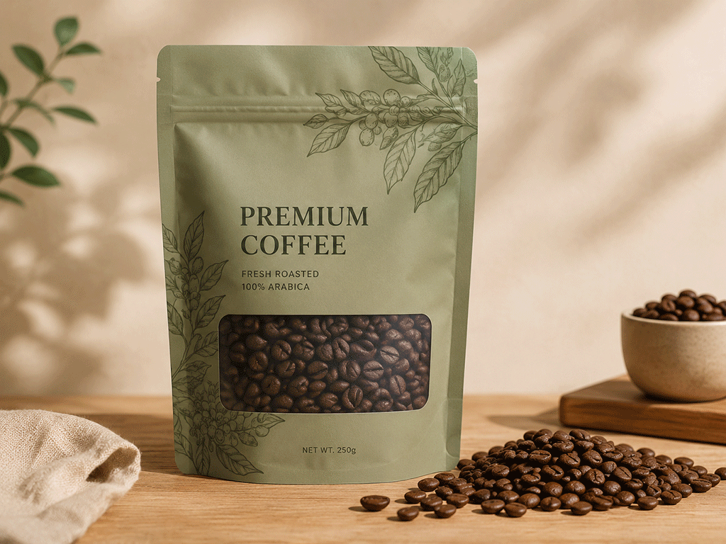 Sage-green stand up coffee bag with a large rectangular transparent window, highlighting product freshness through high-quality material finish.