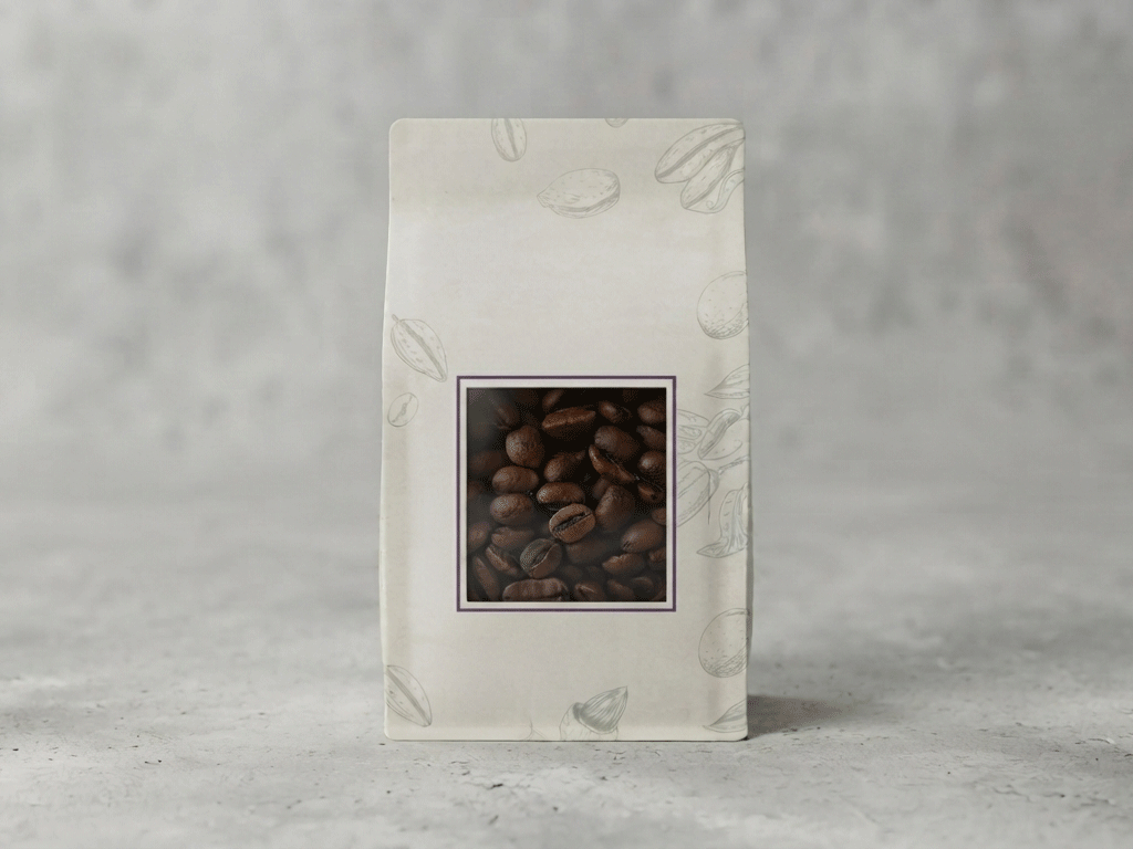 Flat bottom coffee bag with a square transparent window for bean display, featuring subtle botanical illustrations on a matte off-white finish.
