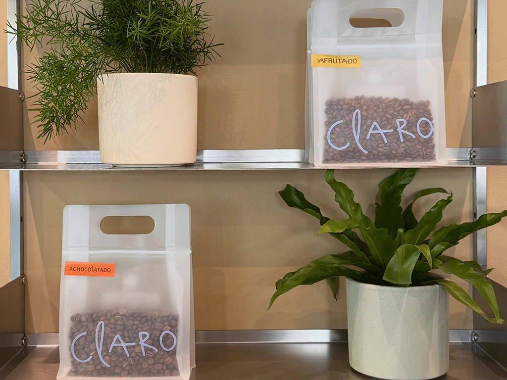 How_Can_a_Coffee_Bag_With_Handle_Support_Mobile_Coffee_Sales_1 Matte coffee bags with built-in handles displayed on retail shelves beside green plants