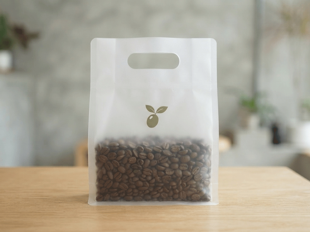 Frosted coffee bag with a die-cut handle and roasted coffee beans visible inside