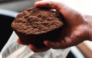Used coffee grounds being collected for reuse as a sustainable coffee waste resource