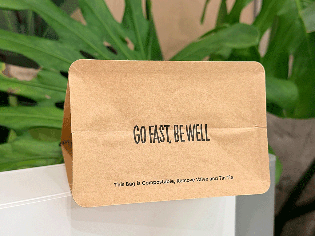Compostable coffee bag with sustainability message for eco-friendly coffee packaging
