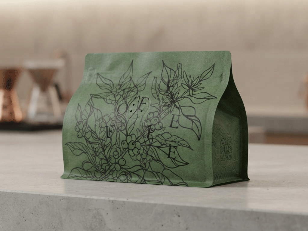 What_Makes_a_Creative_Coffee_Bag_Work_for_Coffee_Roasters_1 A custom-designed green coffee bag with black botanical illustration, showcased in a professional setting.