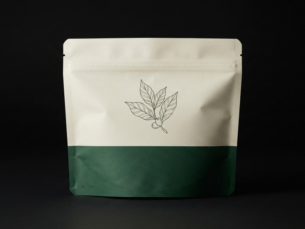 A minimalist coffee bag design with an off-white upper section and a solid dark green lower section, featuring a simple black botanical illustration on a black background.