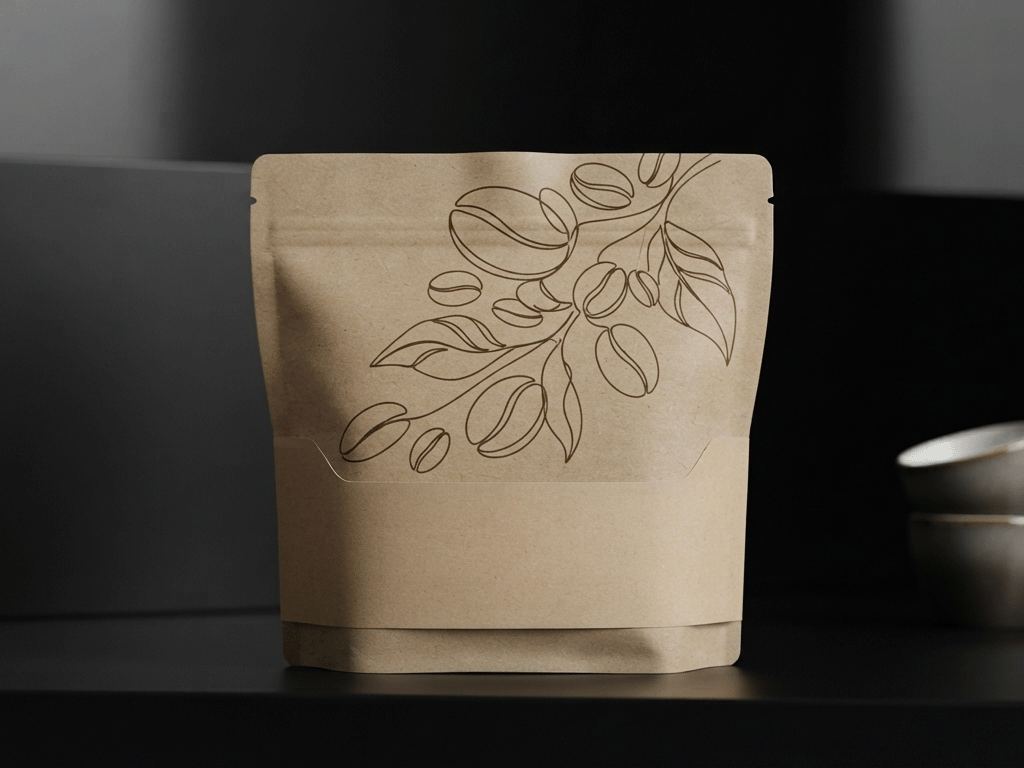 A kraft paper coffee bag featuring a continuous line art illustration of coffee beans and leaves, with a blank label area at the bottom.