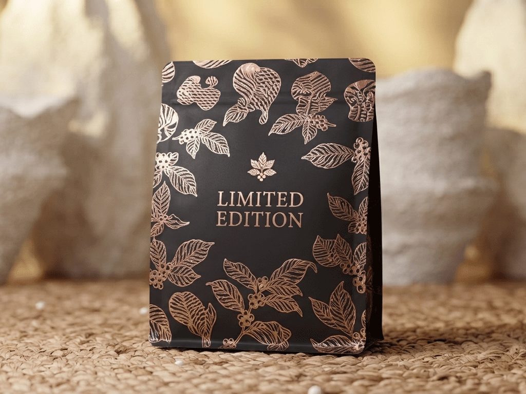 Why_Limited_Edition_Coffee_Packaging_Matters_for_Short_Term_Coffee_Sales_1 Black limited edition coffee bag with hot foil stamped leaf artwork on a natural textured background