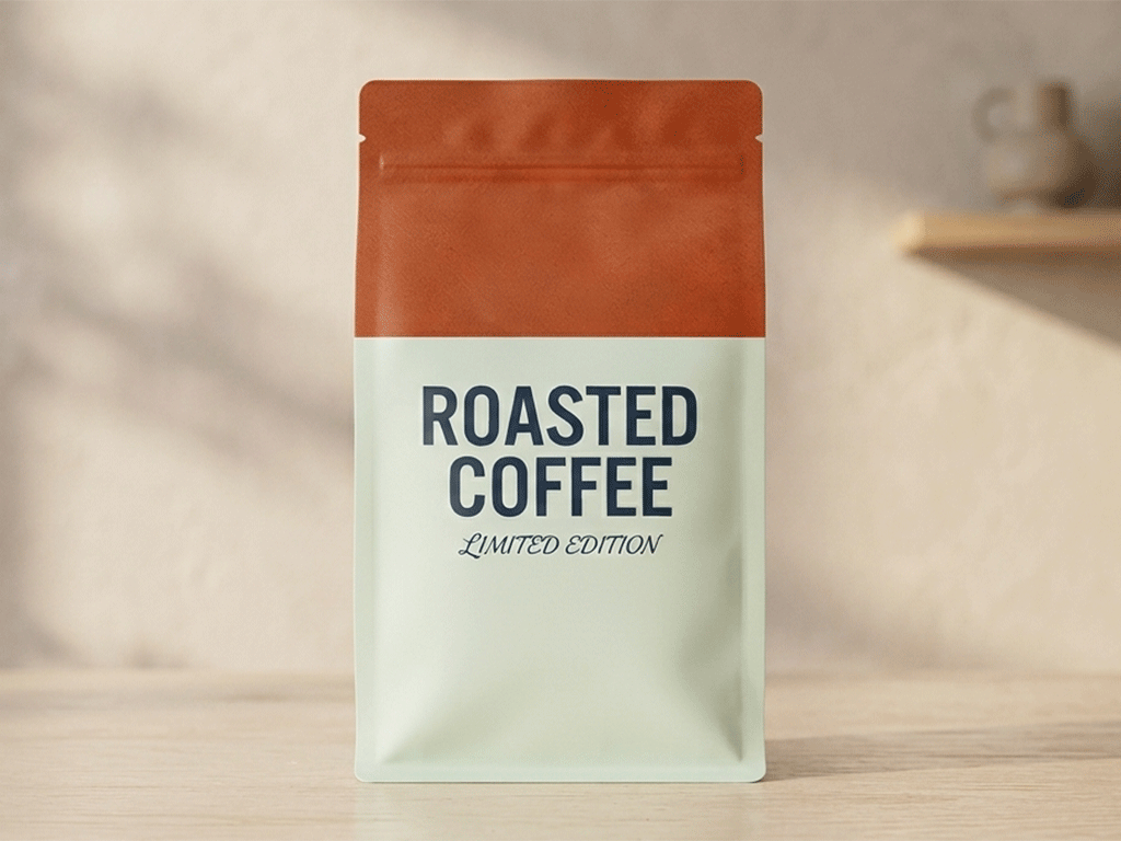 Two-tone roasted coffee bag with limited edition text on a light wooden surface