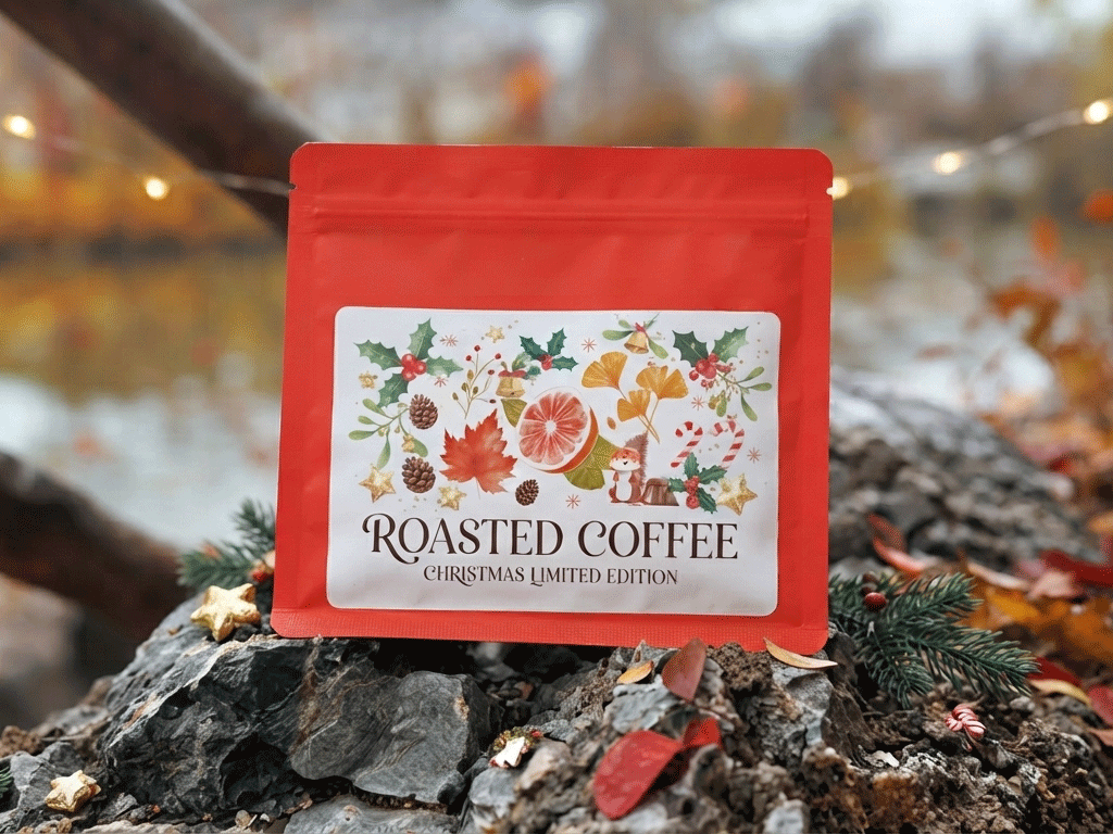 Red Christmas limited edition roasted coffee bag with festive label design outdoors