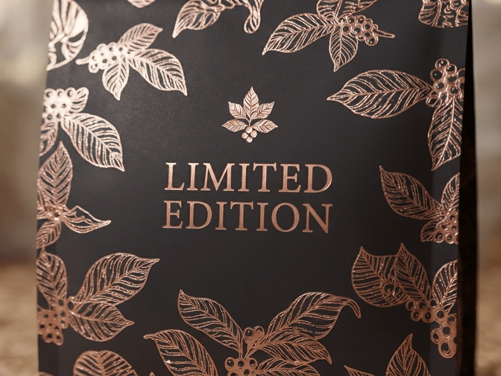 Close-up of black limited edition coffee bag with hot foil stamped botanical pattern and text