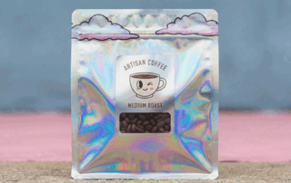 Holographic coffee bag with colorful reflective finish and clear window