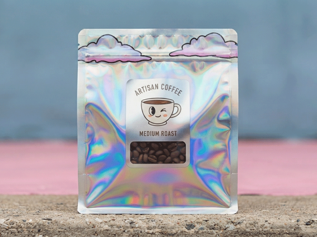 How_Holographic_Coffee_Bags_Transform_Your_Brand_Shelf_Presence_1 Holographic coffee bag with colorful reflective finish and clear window