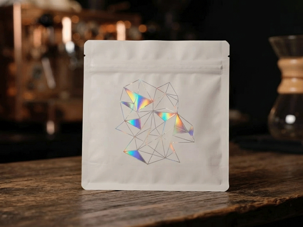 White holographic coffee bag with geometric rainbow design