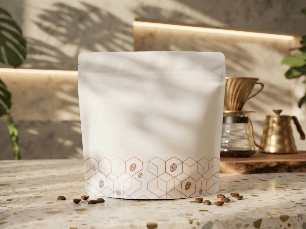 White custom coffee stand up pouch displayed with coffee beans showing premium flexible packaging design
