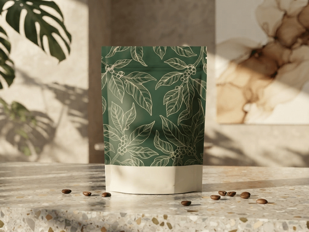 Custom printed stand up coffee pouch with nature inspired design for specialty coffee brands
