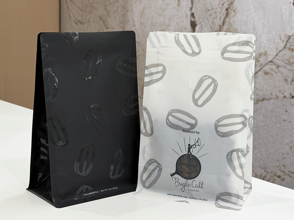 Black and white custom coffee bags showing coffee packaging redesign ideas